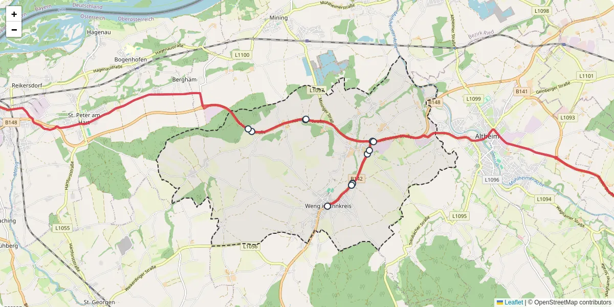 Nahverkehrsnetz in weng-im-innkreis, Österreich - Buslinien, Haltestellen und Verbindungen auf der Karte