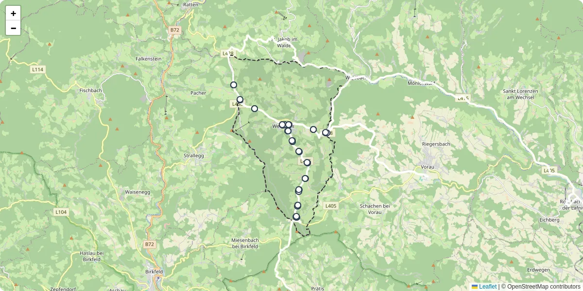 Nahverkehrsnetz in wenigzell, Österreich - Buslinien, Haltestellen und Verbindungen auf der Karte