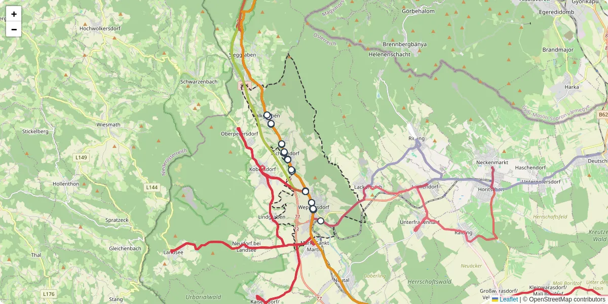 Nahverkehrsnetz in weppersdorf, Österreich - Buslinien, Haltestellen und Verbindungen auf der Karte