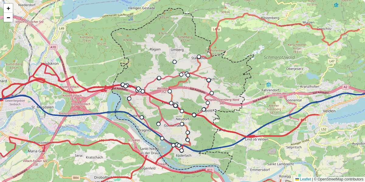 Nahverkehrsnetz in wernberg, Österreich - Buslinien, Haltestellen und Verbindungen auf der Karte
