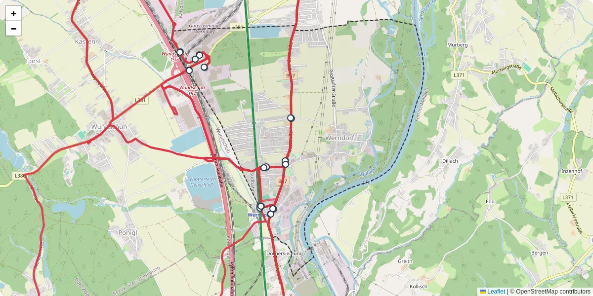 Nahverkehrsnetz in werndorf, Österreich - Buslinien, Haltestellen und Verbindungen auf der Karte