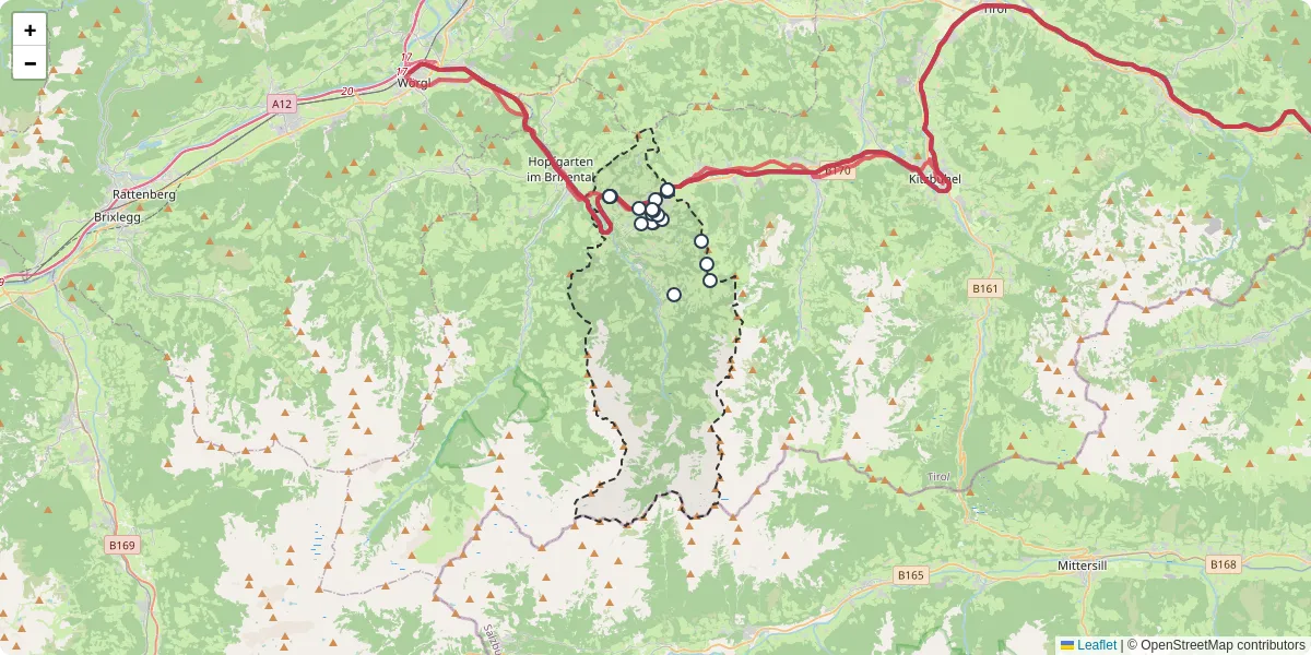 Nahverkehrsnetz in westendorf, Österreich - Buslinien, Haltestellen und Verbindungen auf der Karte