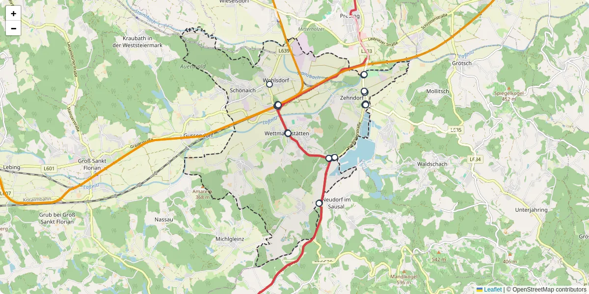 Nahverkehrsnetz in wettmannstatten, Österreich - Buslinien, Haltestellen und Verbindungen auf der Karte