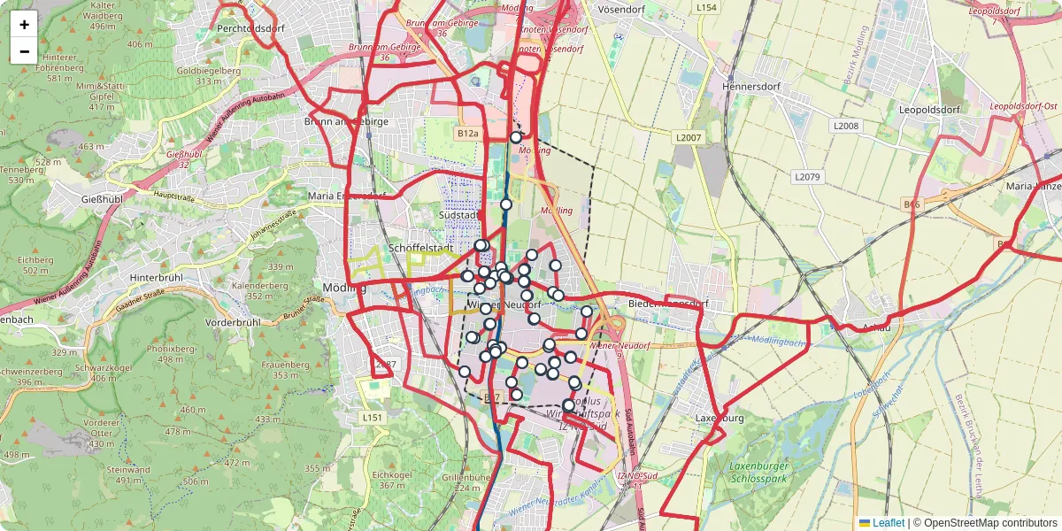 Nahverkehrsnetz in wiener-neudorf, Österreich - Buslinien, Haltestellen und Verbindungen auf der Karte
