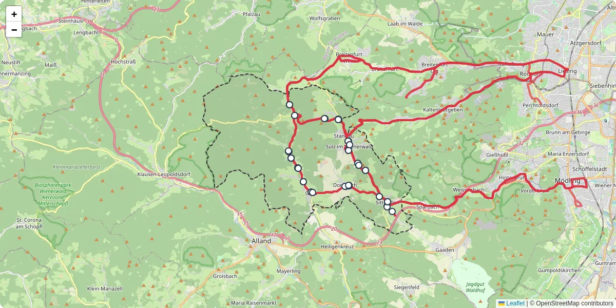 Nahverkehrsnetz in wienerwald, Österreich - Buslinien, Haltestellen und Verbindungen auf der Karte