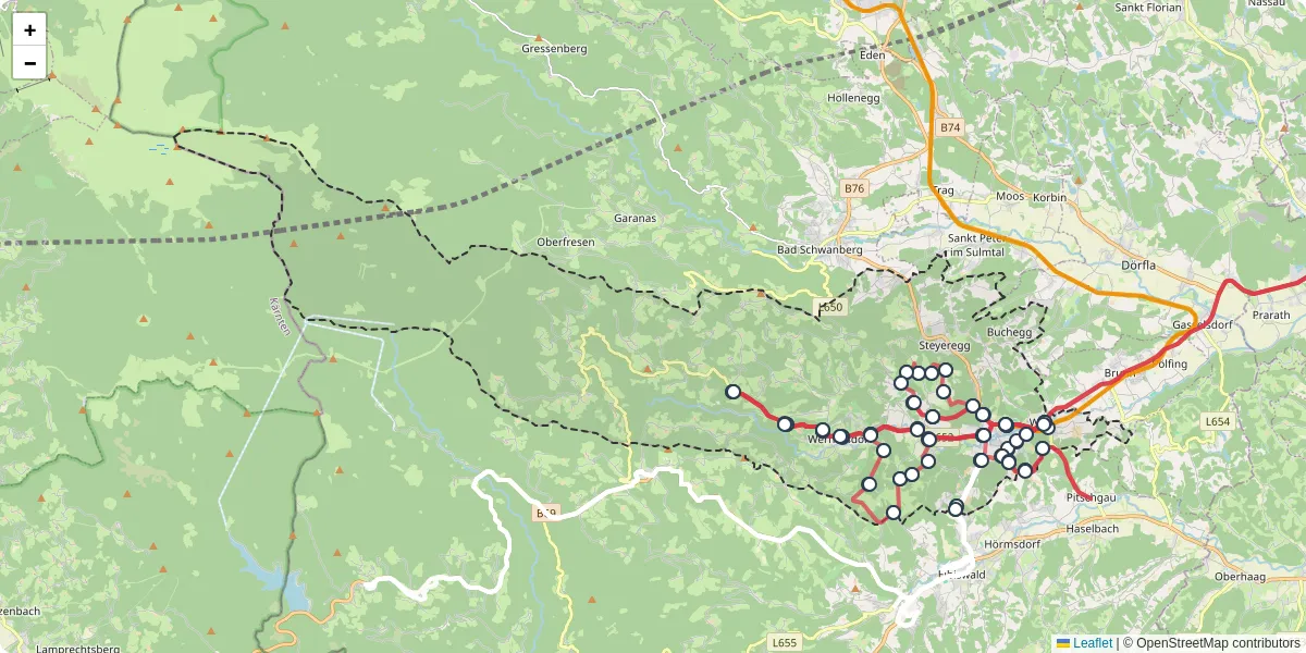 Nahverkehrsnetz in wies, Österreich - Buslinien, Haltestellen und Verbindungen auf der Karte