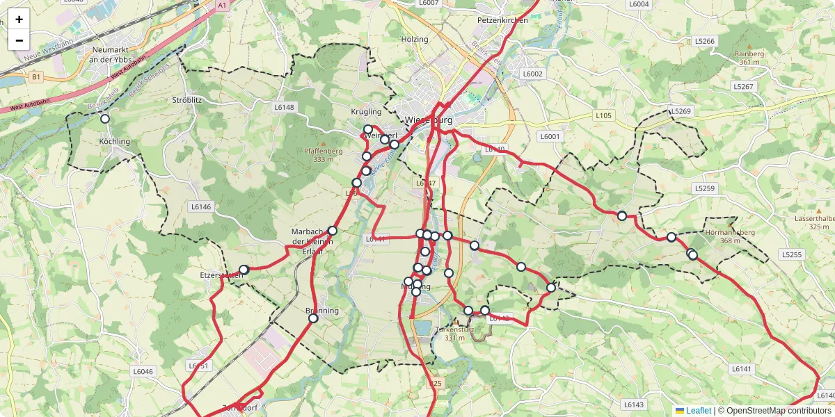 Nahverkehrsnetz in wieselburg-land, Österreich - Buslinien, Haltestellen und Verbindungen auf der Karte