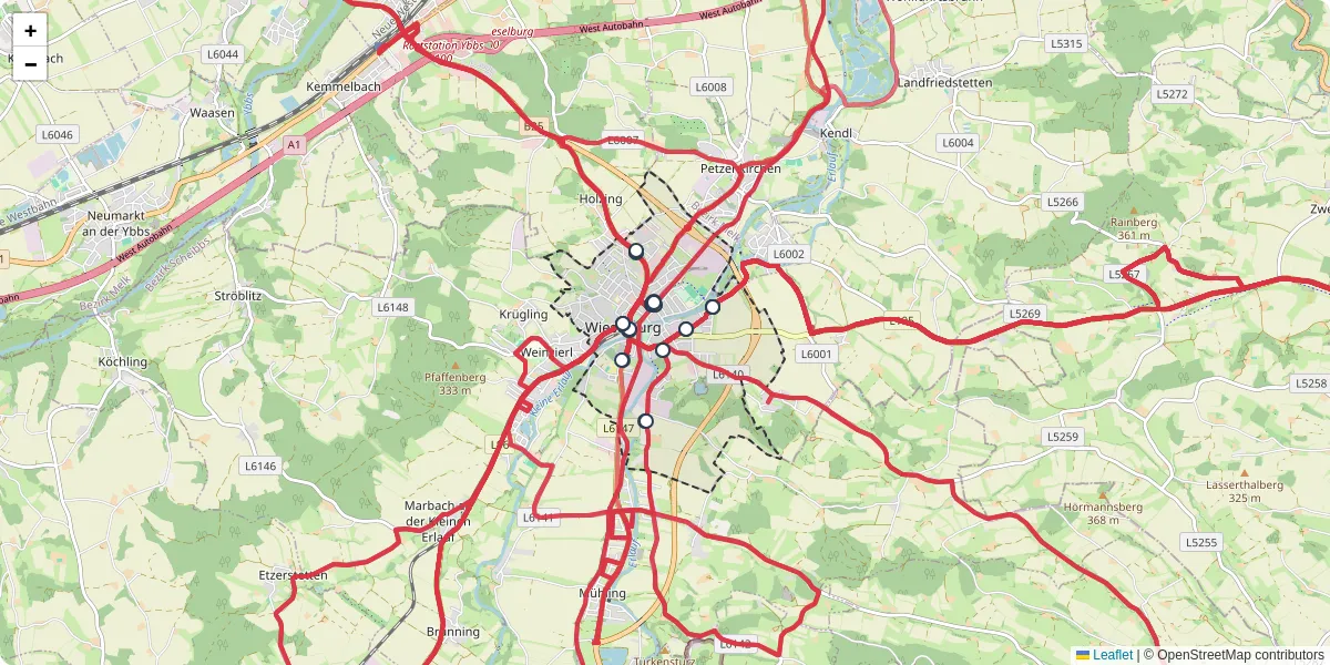 Nahverkehrsnetz in wieselburg, Österreich - Buslinien, Haltestellen und Verbindungen auf der Karte