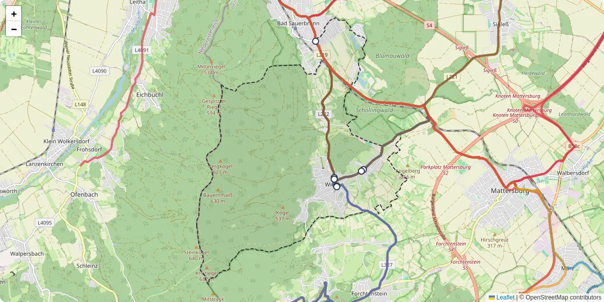 Nahverkehrsnetz in wiesen, Österreich - Buslinien, Haltestellen und Verbindungen auf der Karte