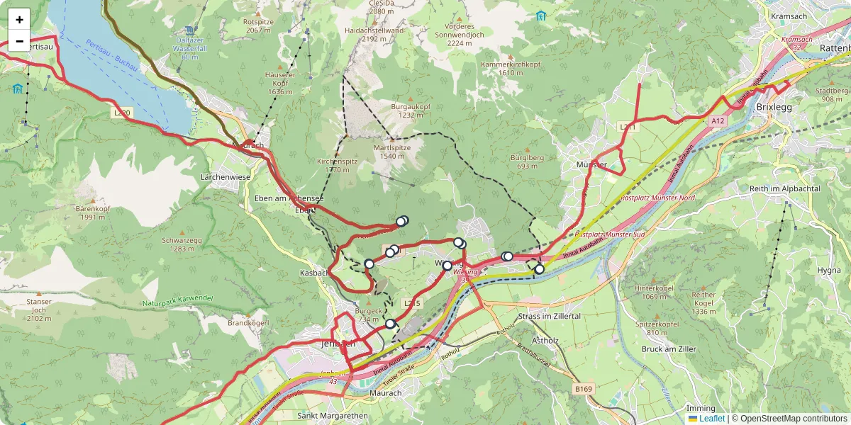 Nahverkehrsnetz in wiesing, Österreich - Buslinien, Haltestellen und Verbindungen auf der Karte