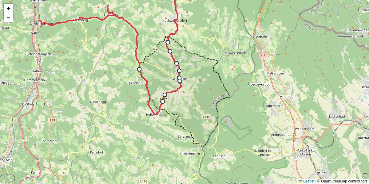 Nahverkehrsnetz in wiesmath, Österreich - Buslinien, Haltestellen und Verbindungen auf der Karte