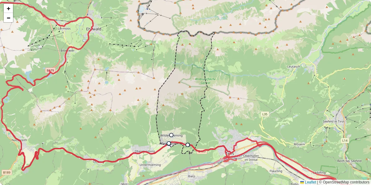 Nahverkehrsnetz in wildermieming, Österreich - Buslinien, Haltestellen und Verbindungen auf der Karte