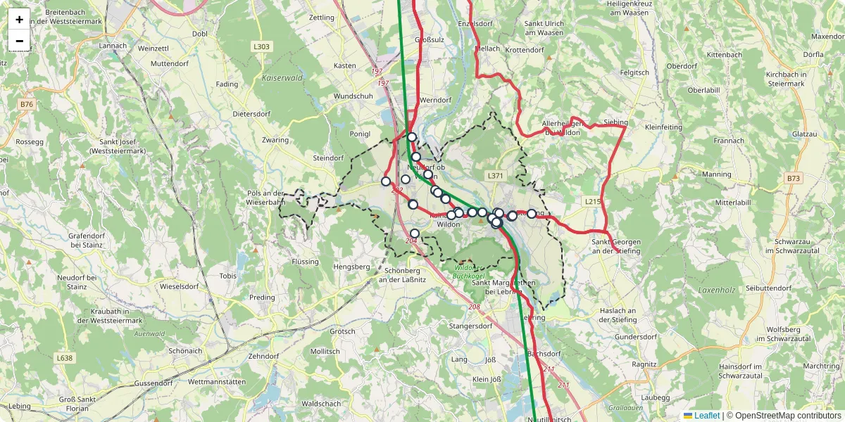 Nahverkehrsnetz in wildon, Österreich - Buslinien, Haltestellen und Verbindungen auf der Karte