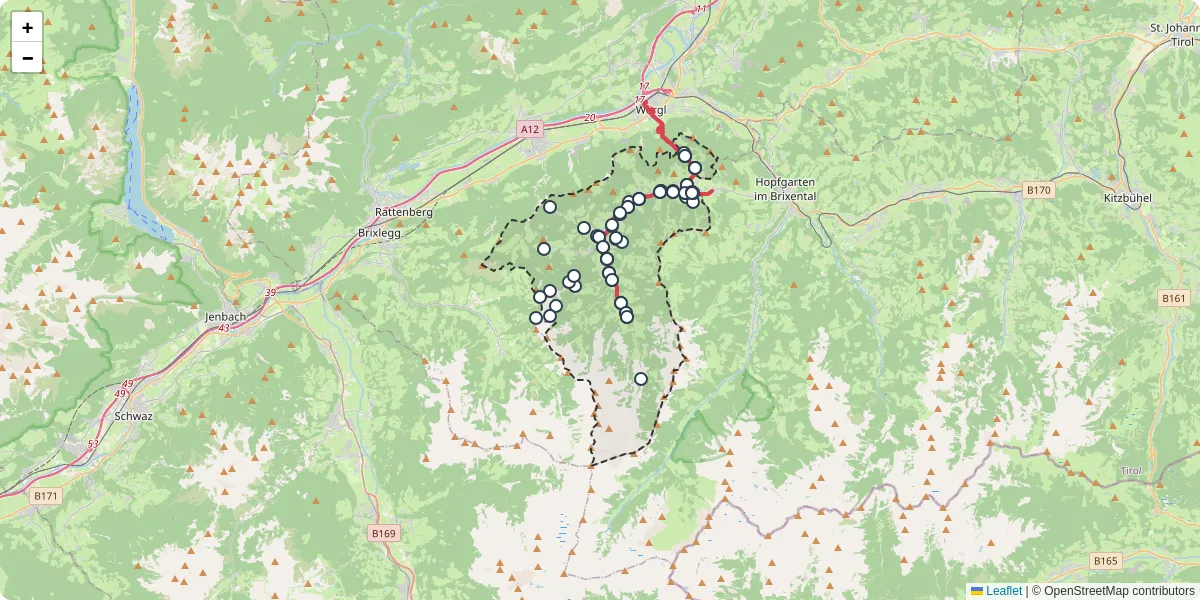 Nahverkehrsnetz in wildschonau, Österreich - Buslinien, Haltestellen und Verbindungen auf der Karte