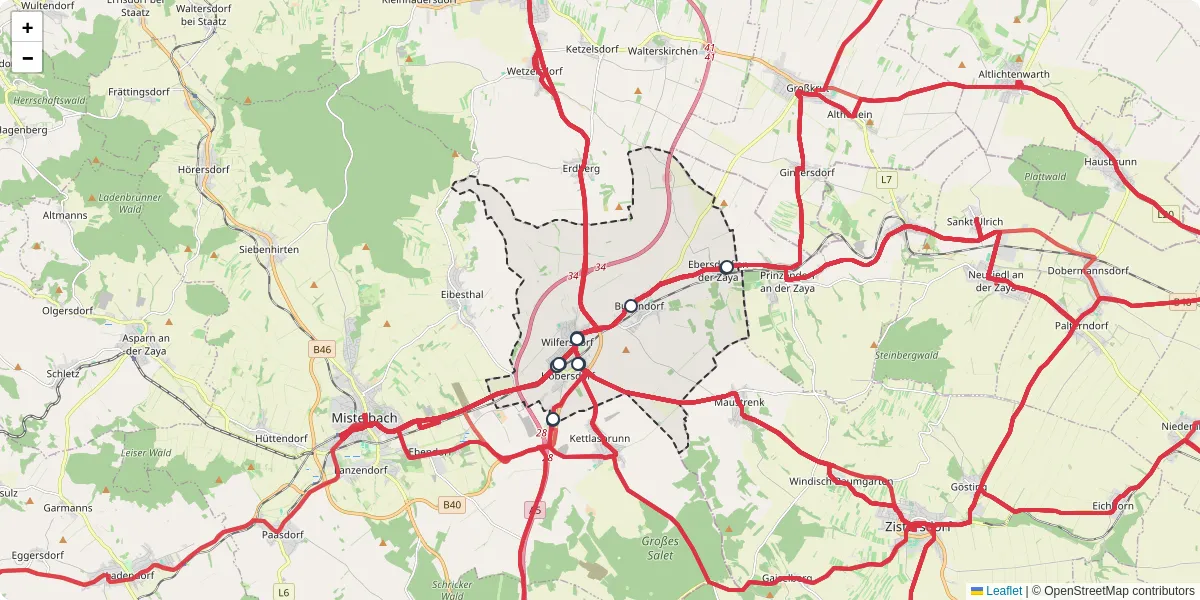 Nahverkehrsnetz in wilfersdorf, Österreich - Buslinien, Haltestellen und Verbindungen auf der Karte