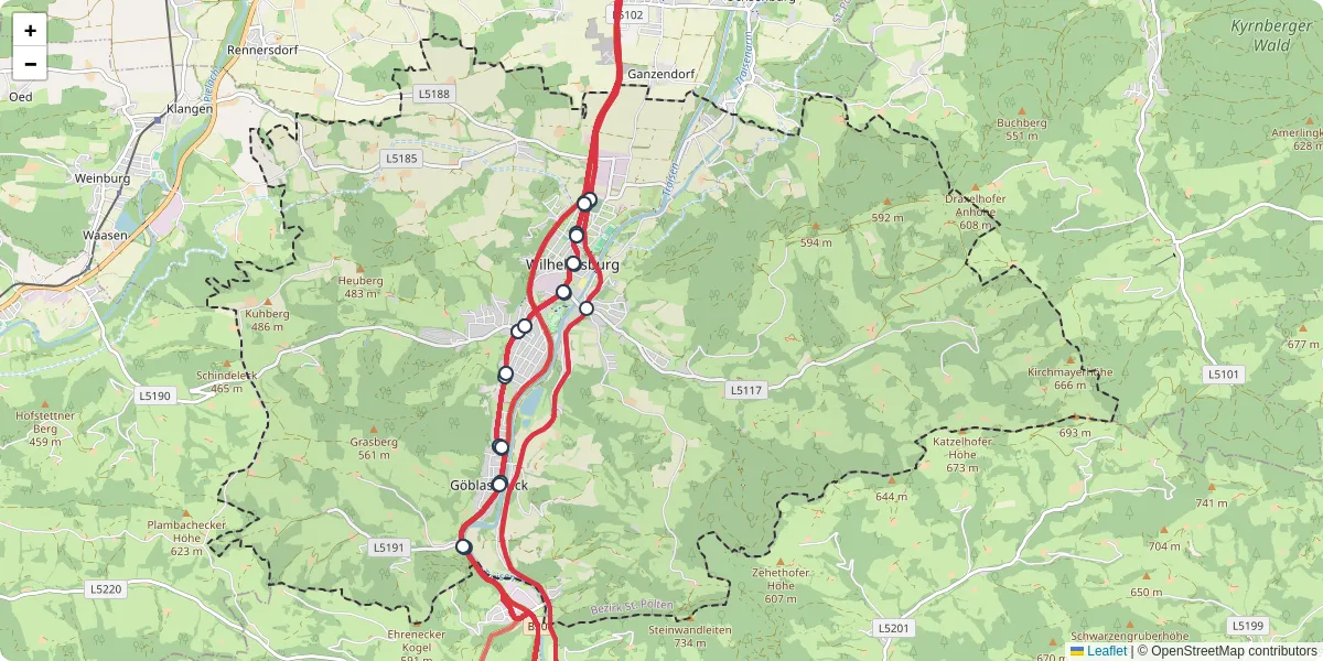 Nahverkehrsnetz in wilhelmsburg, Österreich - Buslinien, Haltestellen und Verbindungen auf der Karte