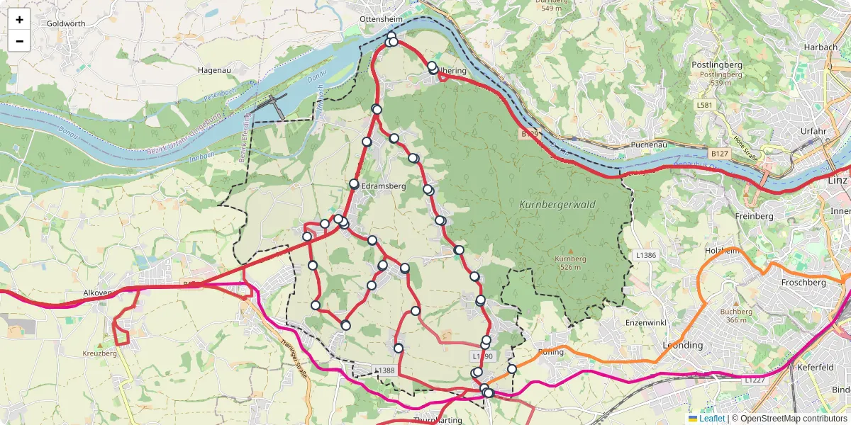 Nahverkehrsnetz in wilhering, Österreich - Buslinien, Haltestellen und Verbindungen auf der Karte