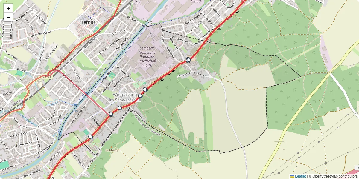 Nahverkehrsnetz in wimpassing-im-schwarzatale, Österreich - Buslinien, Haltestellen und Verbindungen auf der Karte