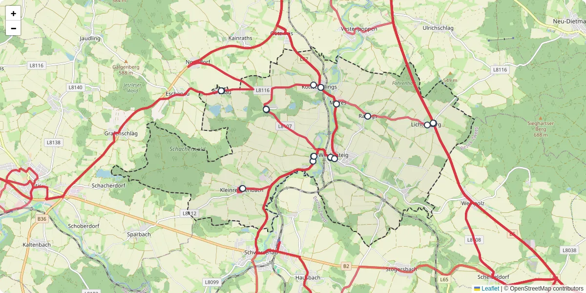 Nahverkehrsnetz in windigsteig, Österreich - Buslinien, Haltestellen und Verbindungen auf der Karte