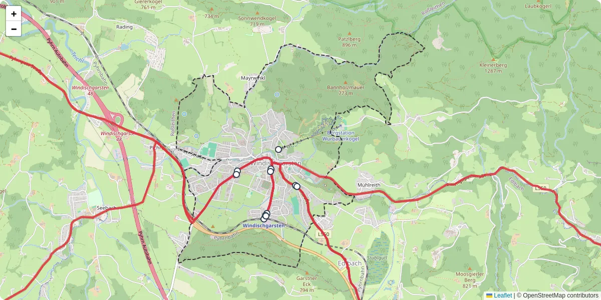 Nahverkehrsnetz in windischgarsten, Österreich - Buslinien, Haltestellen und Verbindungen auf der Karte