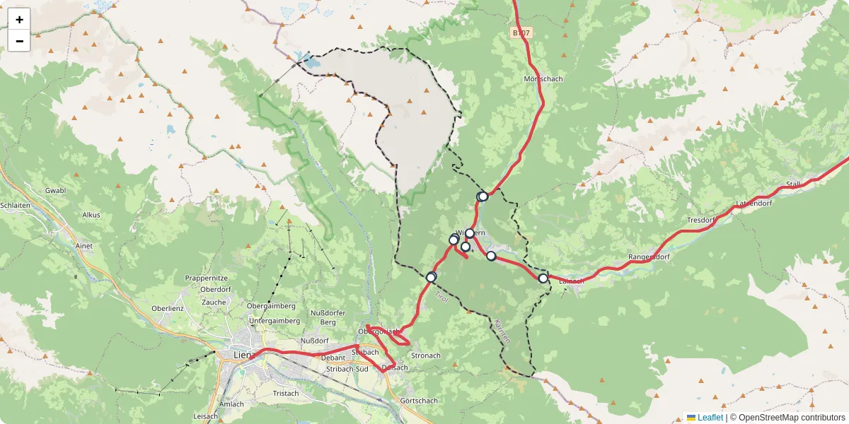 Nahverkehrsnetz in winklern, Österreich - Buslinien, Haltestellen und Verbindungen auf der Karte