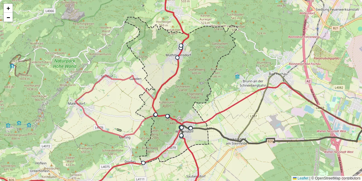 Nahverkehrsnetz in winzendorf-muthmannsdorf, Österreich - Buslinien, Haltestellen und Verbindungen auf der Karte