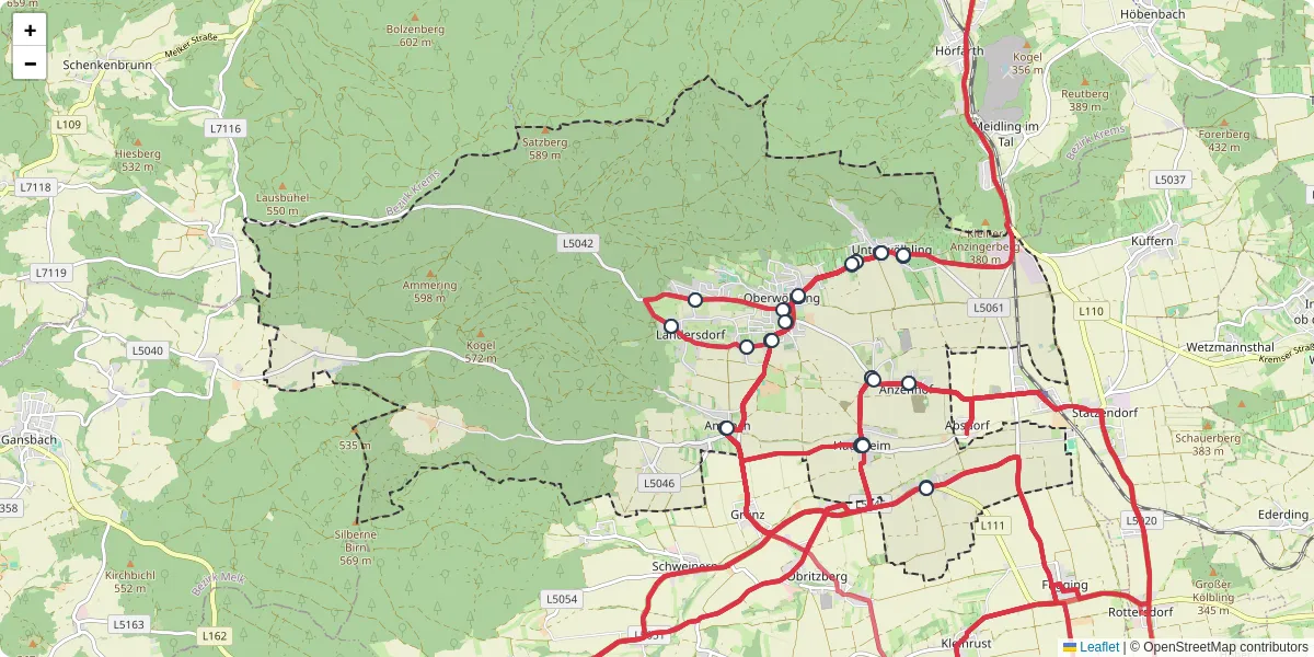 Nahverkehrsnetz in wolbling, Österreich - Buslinien, Haltestellen und Verbindungen auf der Karte