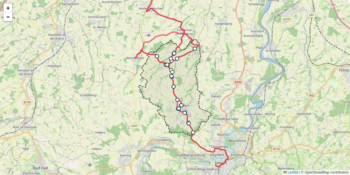 Nahverkehrsnetz in wolfern, Österreich - Buslinien, Haltestellen und Verbindungen auf der Karte