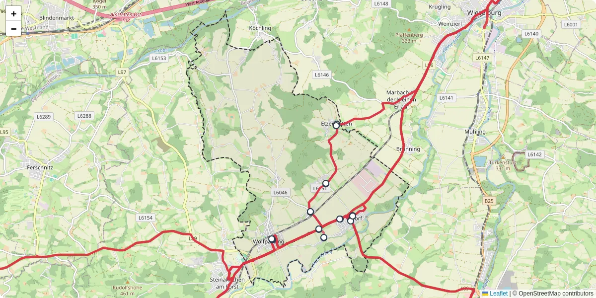 Nahverkehrsnetz in wolfpassing, Österreich - Buslinien, Haltestellen und Verbindungen auf der Karte