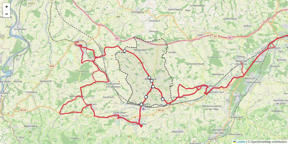 Nahverkehrsnetz in wolfsbach, Österreich - Buslinien, Haltestellen und Verbindungen auf der Karte