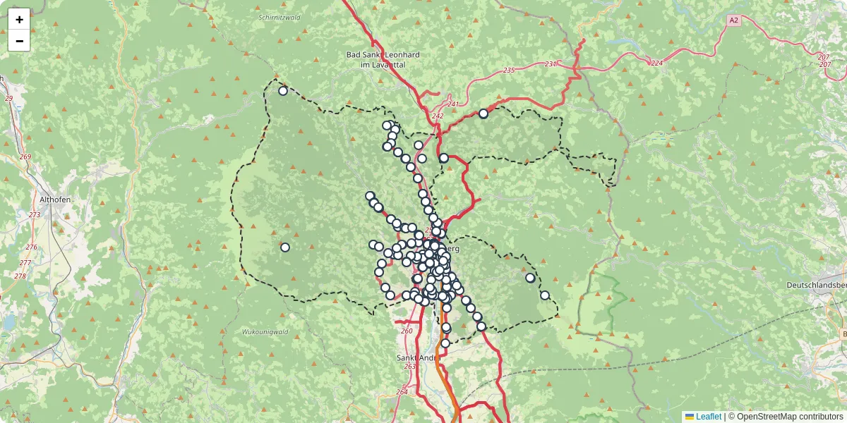 Nahverkehrsnetz in wolfsberg, Österreich - Buslinien, Haltestellen und Verbindungen auf der Karte