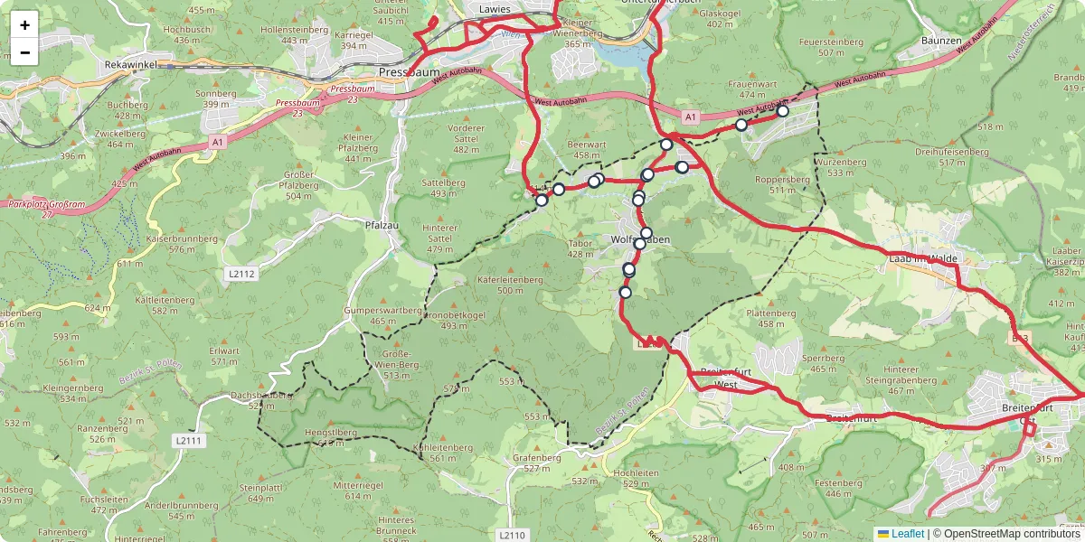 Nahverkehrsnetz in wolfsgraben, Österreich - Buslinien, Haltestellen und Verbindungen auf der Karte