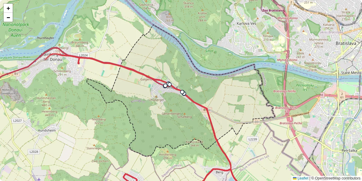 Nahverkehrsnetz in wolfsthal, Österreich - Buslinien, Haltestellen und Verbindungen auf der Karte