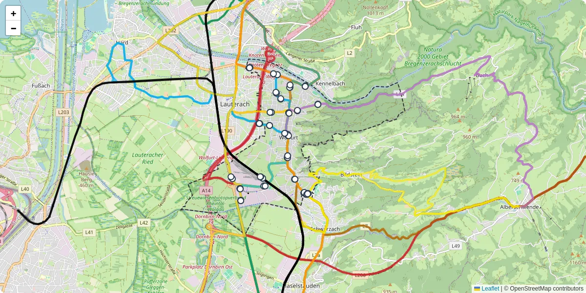Nahverkehrsnetz in wolfurt, Österreich - Buslinien, Haltestellen und Verbindungen auf der Karte