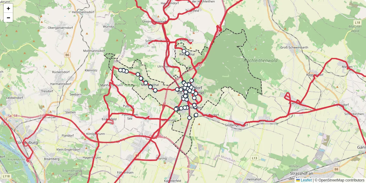 Nahverkehrsnetz in wolkersdorf-im-weinviertel, Österreich - Buslinien, Haltestellen und Verbindungen auf der Karte