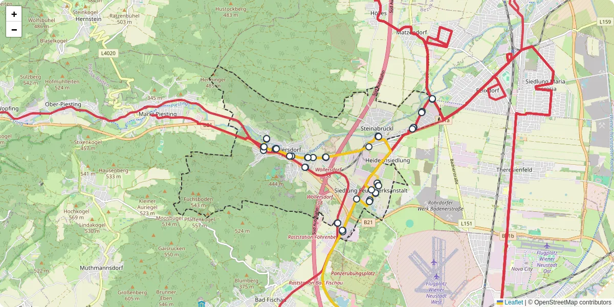 Nahverkehrsnetz in wollersdorf-steinabruckl, Österreich - Buslinien, Haltestellen und Verbindungen auf der Karte