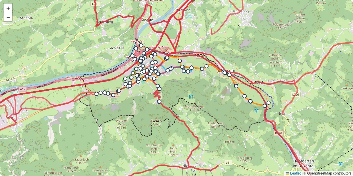 Nahverkehrsnetz in worgl, Österreich - Buslinien, Haltestellen und Verbindungen auf der Karte