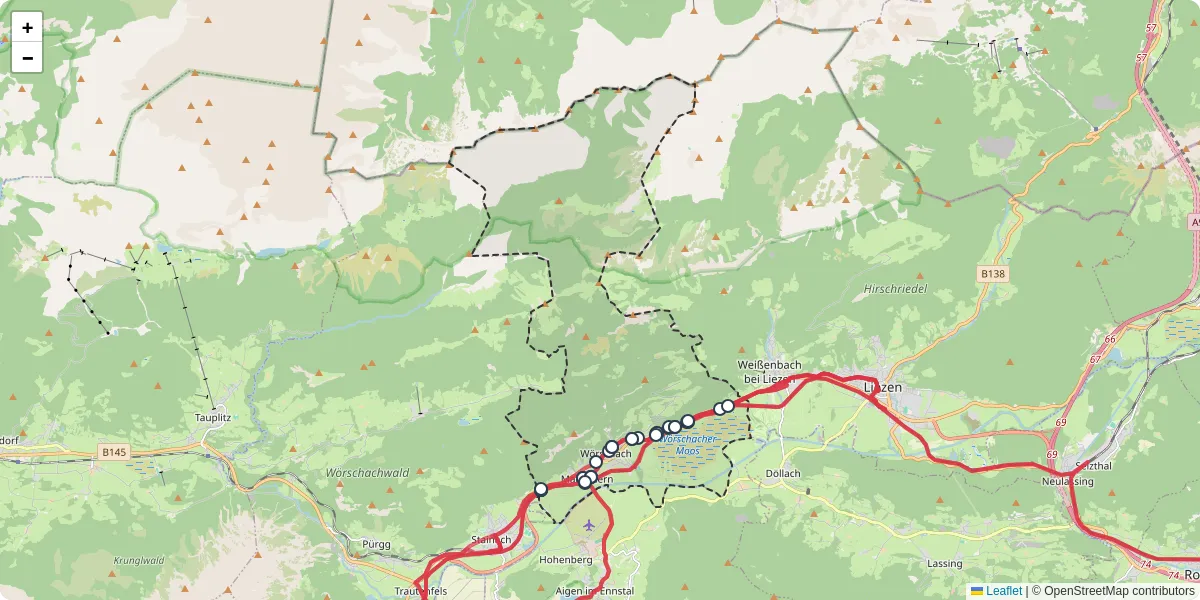 Nahverkehrsnetz in worschach, Österreich - Buslinien, Haltestellen und Verbindungen auf der Karte