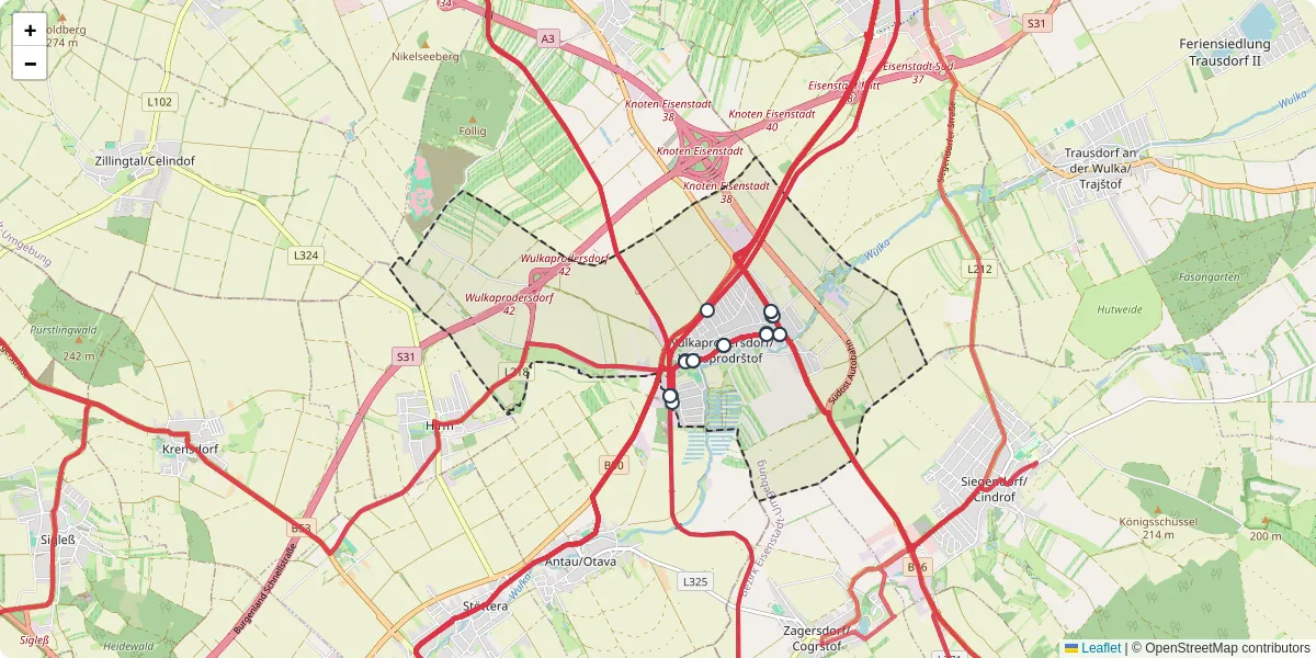 Nahverkehrsnetz in wulkaprodersdorfvulkaprodrstof, Österreich - Buslinien, Haltestellen und Verbindungen auf der Karte