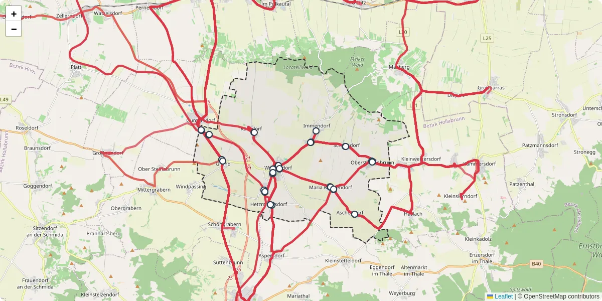 Nahverkehrsnetz in wullersdorf, Österreich - Buslinien, Haltestellen und Verbindungen auf der Karte