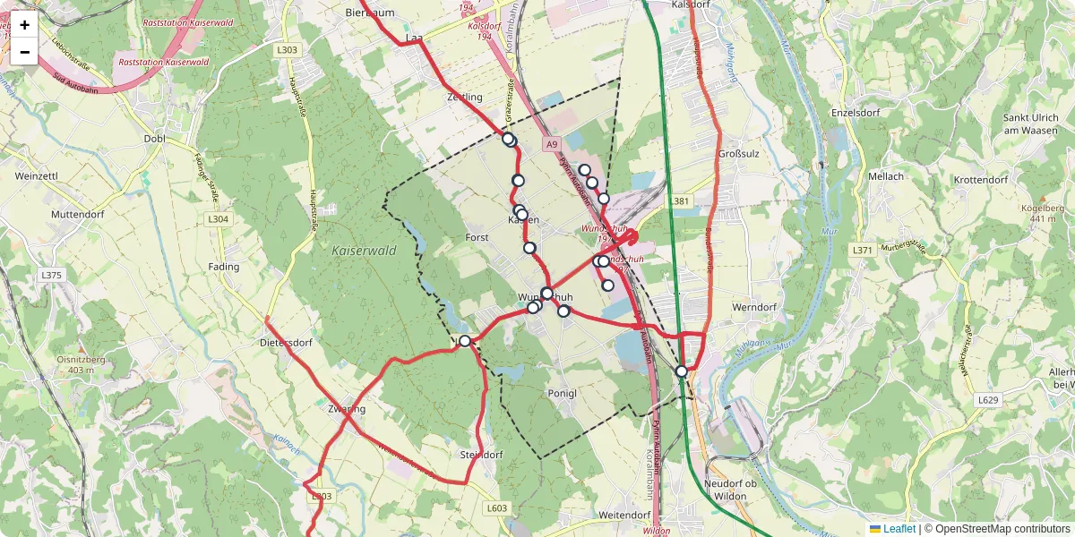 Nahverkehrsnetz in wundschuh, Österreich - Buslinien, Haltestellen und Verbindungen auf der Karte