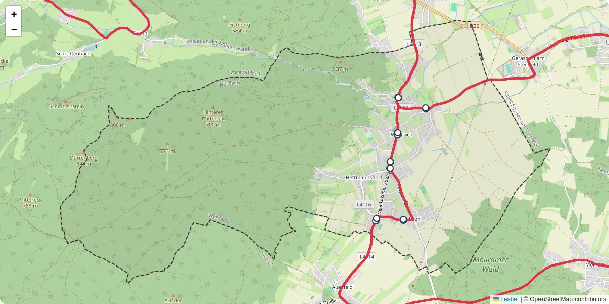 Nahverkehrsnetz in wurflach, Österreich - Buslinien, Haltestellen und Verbindungen auf der Karte