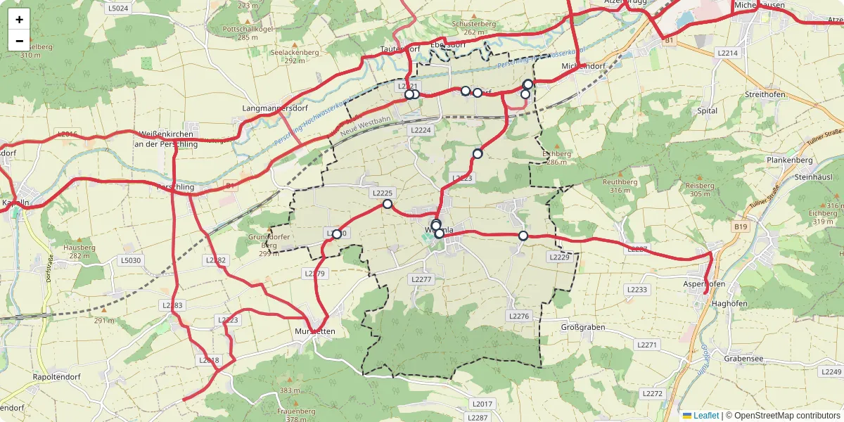 Nahverkehrsnetz in wurmla, Österreich - Buslinien, Haltestellen und Verbindungen auf der Karte