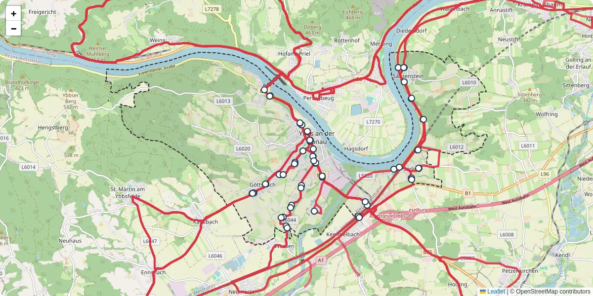 Nahverkehrsnetz in ybbs-an-der-donau, Österreich - Buslinien, Haltestellen und Verbindungen auf der Karte