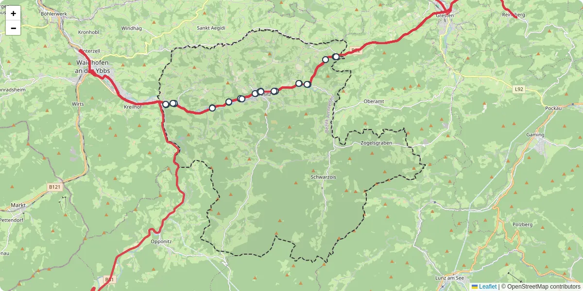 Nahverkehrsnetz in ybbsitz, Österreich - Buslinien, Haltestellen und Verbindungen auf der Karte