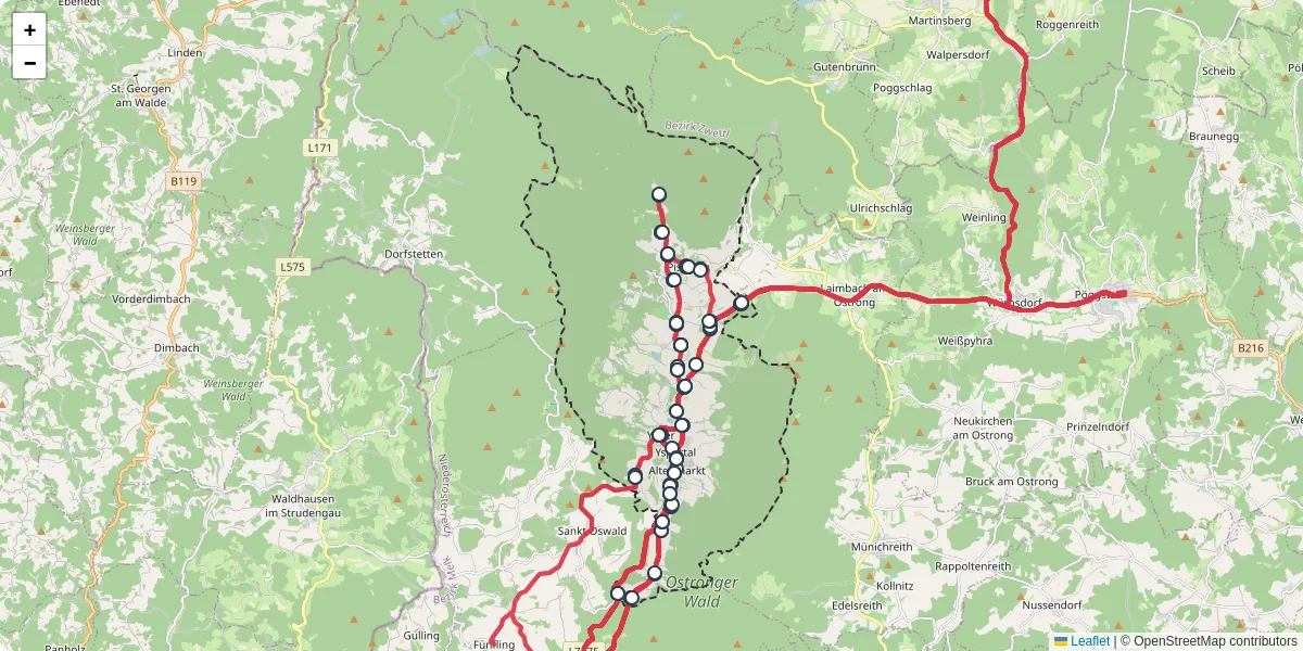 Nahverkehrsnetz in yspertal, Österreich - Buslinien, Haltestellen und Verbindungen auf der Karte