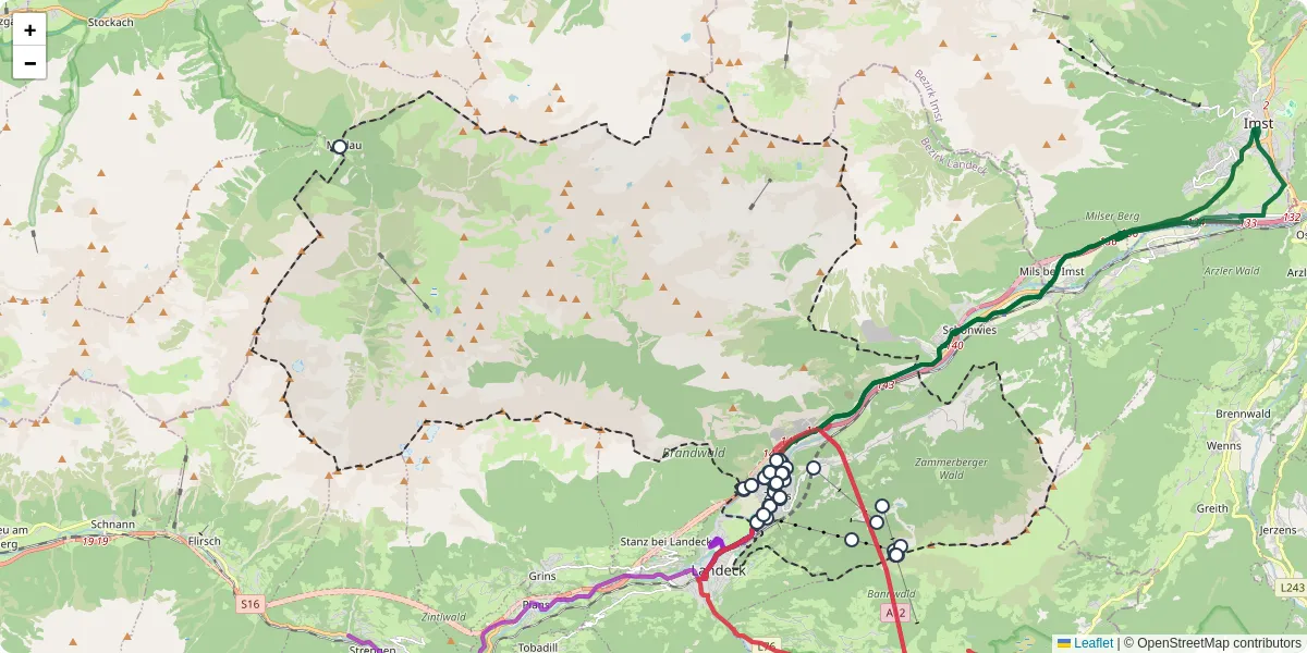 Nahverkehrsnetz in zams, Österreich - Buslinien, Haltestellen und Verbindungen auf der Karte