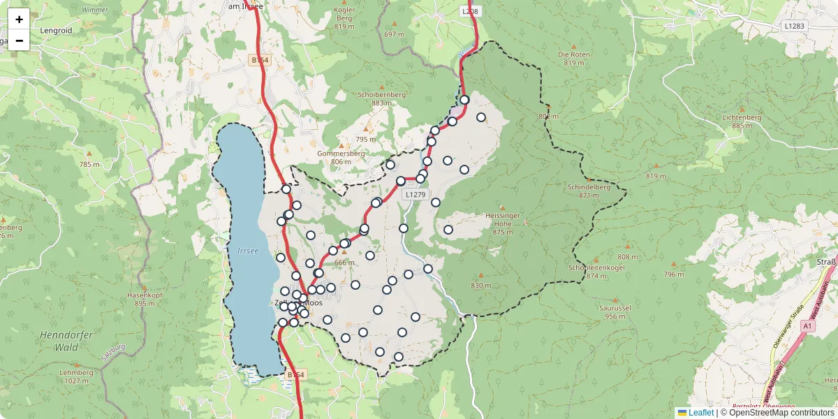 Nahverkehrsnetz in zell-am-moos, Österreich - Buslinien, Haltestellen und Verbindungen auf der Karte