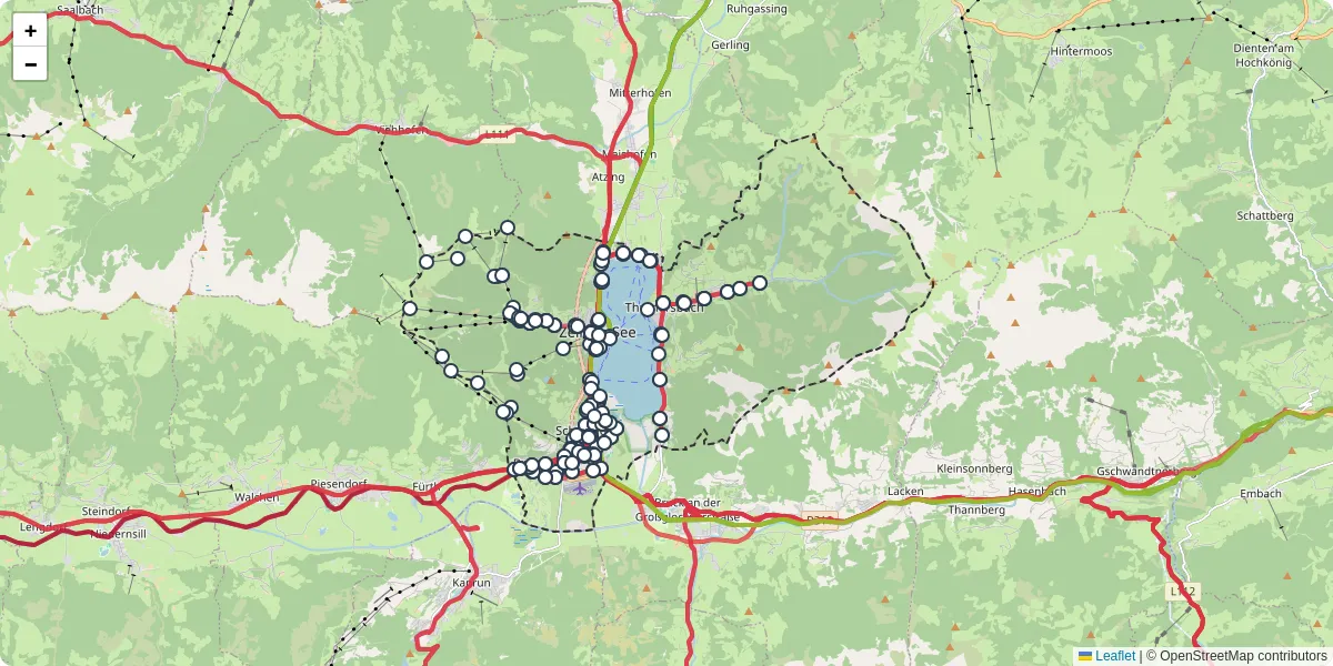 Nahverkehrsnetz in zell-am-see, Österreich - Buslinien, Haltestellen und Verbindungen auf der Karte