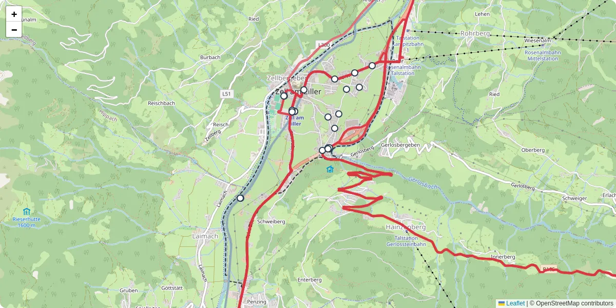 Nahverkehrsnetz in zell-am-ziller, Österreich - Buslinien, Haltestellen und Verbindungen auf der Karte